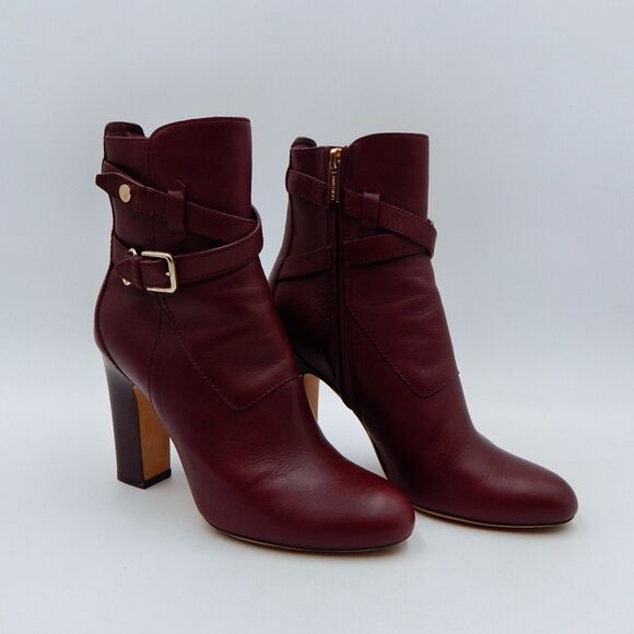 Jimmy Choo Mitchel 100 Wine Burgundy Leather Ankle Boots Booties Women Size 37.5 - Picture 1 of 15